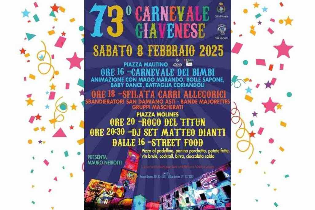 Giaveno in festa: torna il Carnevale con un pomeriggio di allegria. Carnevale Giavenese 2025: giochi, spettacoli e buon cibo per grandi e piccini. Festa a Giaveno: il Carnevale 2025 porta spettacoli e street food in piazza. 