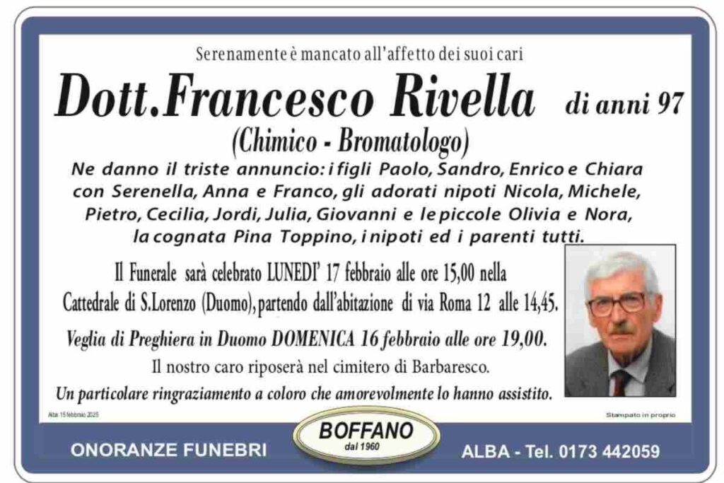 L’industria dolciaria italiana piange Francesco Rivella. Nutella in lutto: scomparso Francesco Rivella. Il contributo di Francesco Rivella alla Nutella e alla Ferrero. Addio a Francesco Rivella, pioniere della Nutella. 